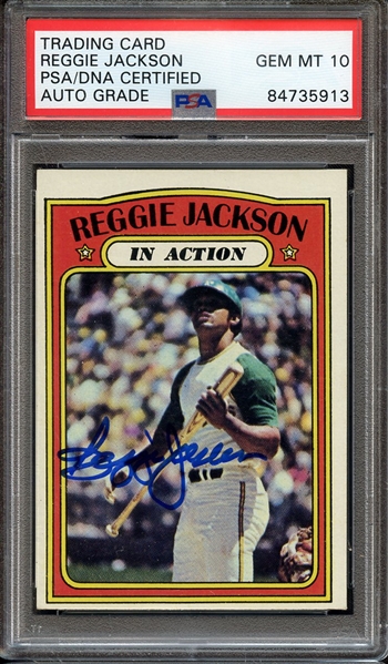 1972 TOPPS 436 SIGNED REGGIE JACKSON IN ACTION PSA/DNA AUTO 10