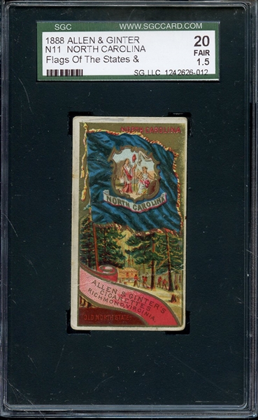 1888 ALLEN & GINTER FLAGS OF THE STATES N11 NORTH CAROLINA SGC FAIR 20 / 1.5