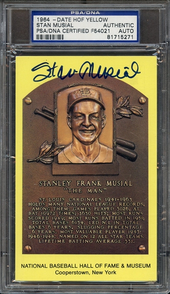 1964-DATE YELLOW PLAQUE POSTCARD SIGNED STAN MUSIAL PSA/DNA AUTO AUTHENTIC