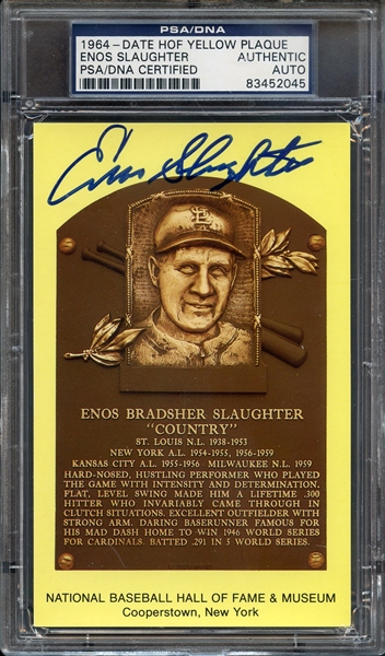 1964-DATE YELLOW PLAQUE POSTCARD SIGNED ENOS SLAUGHTER PSA/DNA AUTO AUTHENTIC