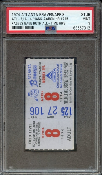 1974 ATLANTA BRAVES/APR.8-STUB STUB ATL-7, LA-4/HANK AARON HR #715 PASSES BABE RUTH ALL-TIME HR'S PSA MINT 9