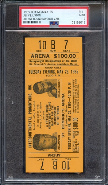 1965 BOXING-FULL FULL ALI VS. LISTON ALI 1ST ROUND KO/GOLD VAR. PSA MINT 9