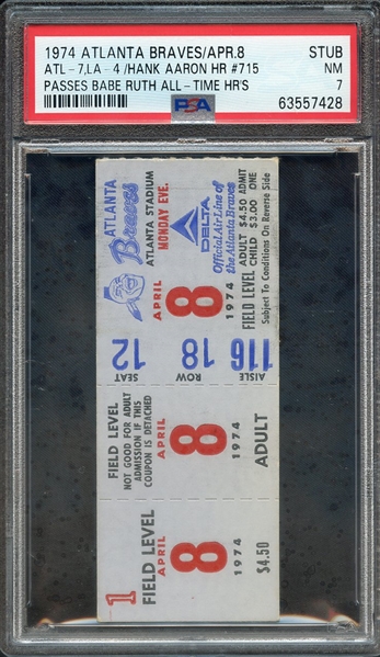 1974 ATLANTA BRAVES/APR.8-TICKET STUB ATL-7, LA-4/HANK AARON HR #715 PASSES BABE RUTH ALL-TIME HR'S PSA NM 7