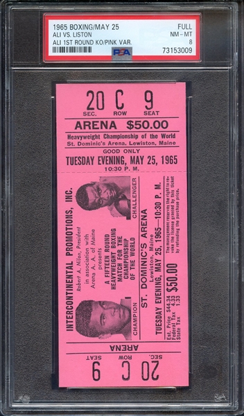 1965 BOXING-FULL TICKET ALI VS. LISTON ALI 1ST ROUND KO/PINK VAR. PSA NM-MT 8