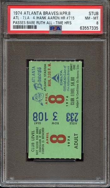 1974 ATLANTA BRAVES/APR.8-STUB STUB ATL-7, LA-4/HANK AARON HR #715 PASSES BABE RUTH ALL-TIME HR'S PSA NM-MT 8