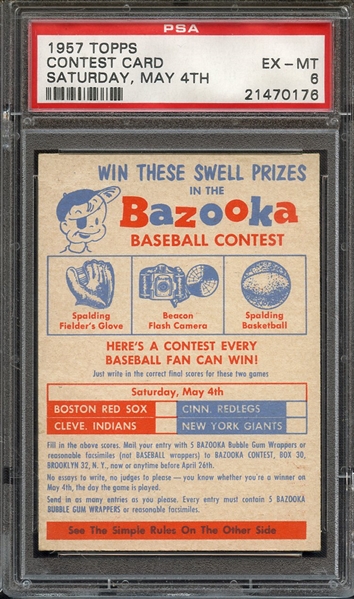 1957 TOPPS CONTEST CARD SATURDAY, MAY 4TH PSA EX-MT 6