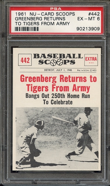 1961 NU-CARD SCOOPS 442 GREENBERG RETURNS TO TIGERS FROM ARMY PSA EX-MT 6