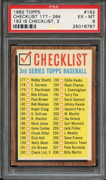 1962 TOPPS 192 CHECKLIST 177-264 192 CHECKLIST, 3-GRN.TNT. PSA EX-MT 6