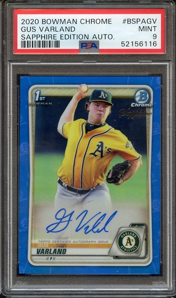 2020 BOWMAN CHROME SAPPHIRE EDITION AUTOGRAPHS BSPAGV GUS VARLAND SAPPHIRE EDITION AUTO. PSA MINT 9