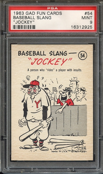 1963 GAD FUN CARDS 54 BASEBALL SLANG JOCKEY PSA MINT 9