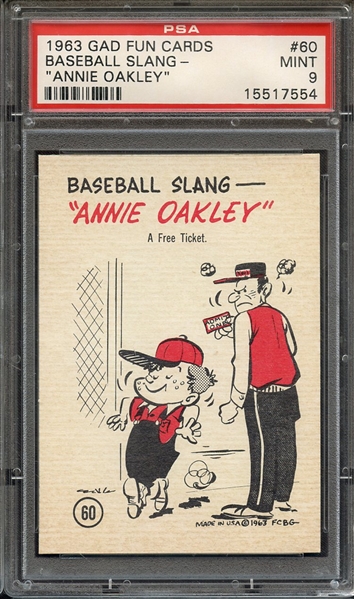 1963 GAD FUN CARDS 60 BASEBALL SLANG- ANNIE OAKLEY PSA MINT 9