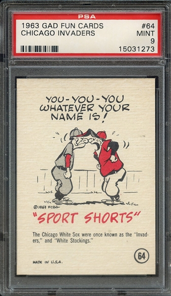 1963 GAD FUN CARDS 64 CHICAGO INVADERS PSA MINT 9