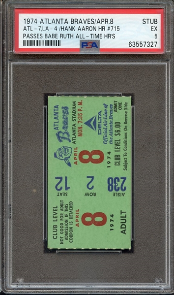 1974 ATLANTA BRAVES/APR.8-TICKET STUB ATL-7, LA-4/HANK AARON HR #715 PASSES BABE RUTH ALL-TIME HR'S PSA EX 5