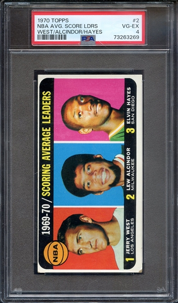 1970 TOPPS 2 NBA AVG. SCORE LDRS WEST/ALCINDOR/HAYES PSA VG-EX 4