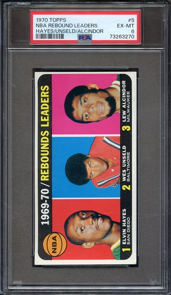 1970 TOPPS 5 NBA REBOUND LEADERS HAYES/UNSELD/ALCINDOR PSA EX-MT 6