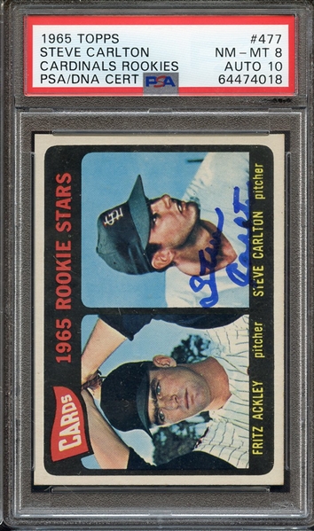 1965 TOPPS 477 SIGNED STEVE CARLTON PSA NM-MT 8 PSA/DNA AUTO 10