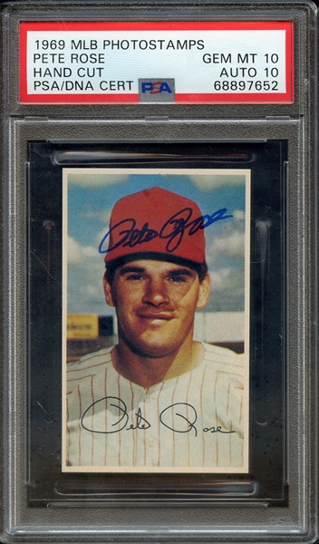 1969 MLB PHOTOSTAMPS SIGNED PETE ROSE PSA GEM MT 10 PSA/DNA AUTO 10