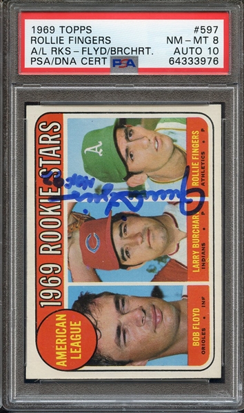 1969 TOPPS 597 SIGNED ROLLIE FINGERS HOF 92 PSA NM-MT 8 PSA/DNA AUTO 10