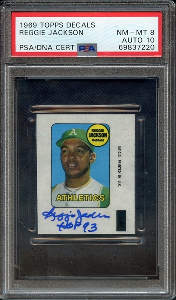 1969 TOPPS DECALS SIGNED REGGIE JACKSON HOF 93 PSA NM-MT 8 PSA/DNA AUTO 10