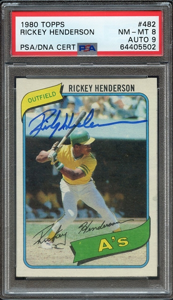 1980 TOPPS 482 SIGNED RICKEY HENDERSON PSA NM-MT 8 PSA/DNA AUTO 9