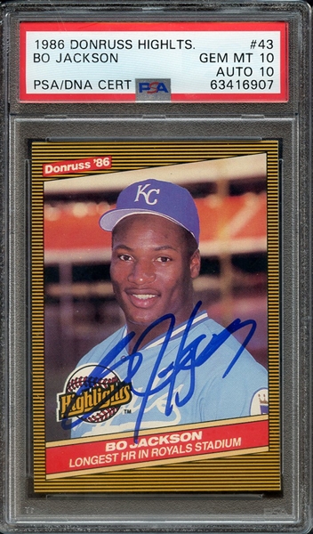 1986 DONRUSS HIGHLIGHTS 43 SIGNED BO JACKSON PSA GEM MT 10 PSA/DNA AUTO 10