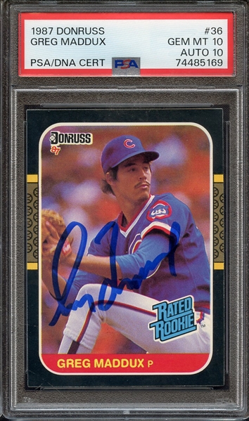 1987 DONRUSS 36 SIGNED GREG MADDUX PSA GEM MT 10 PSA/DNA AUTO 10