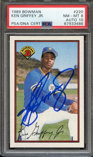 1989 BOWMAN 220 SIGNED KEN GRIFFEY JR PSA NM-MT 8 PSA/DNA AUTO 10