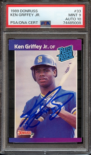 1989 DONRUSS 33 SIGNED KEN GRIFFEY JR PSA MINT 9 PSA/DNA AUTO 10