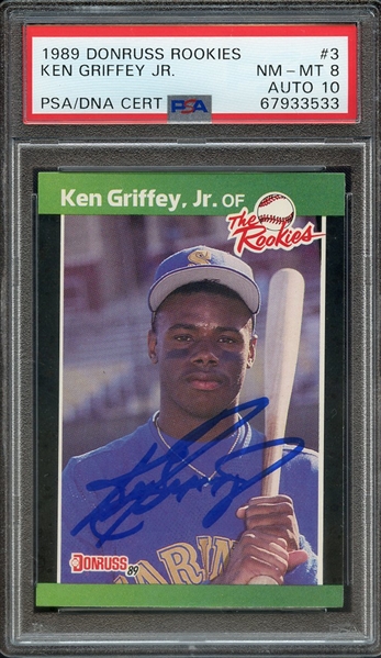 1989 DONRUSS ROOKIES 3 SIGNED KEN GRIFFEY JR PSA NM-MT 8 PSA/DNA AUTO 10