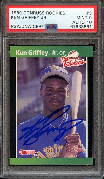 1989 DONRUSS ROOKIES 3 SIGNED KEN GRIFFEY JR PSA MINT 9 PSA/DNA AUTO 10