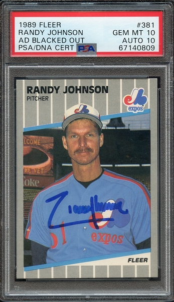 1989 FLEER 381 SINGED RANDY JOHNSON PSA GEM MT 10 PSA/DNA AUTO 10