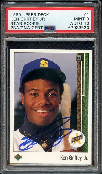 1989 UPPER DECK 1 SIGNED KEN GRIFFEY JR PSA MINT 9 PSA/DNA AUTO 10