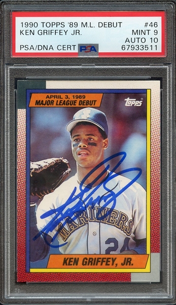 1990 TOPPS 89 ML DEBUT 46 SIGNED KEN GRIFFEY JR PSA MINT 9 PSA/DNA AUTO 10