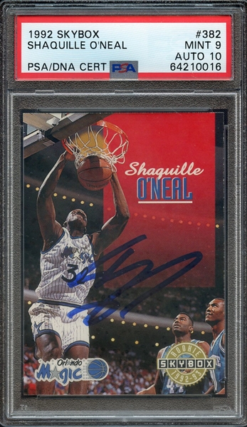 1992 SKYBOX 382 SIGNED SHAQUILLE O'NEAL PSA MINT 9 PSA/DNA AUTO 10