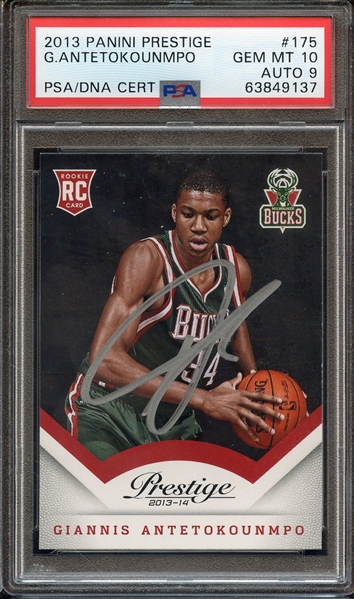 2013 PANINI PRESTIGE 175 SIGNED GIANNIS ANTETOKOUNMPO PSA GEM MT 10 PSA/DNA AUTO 9