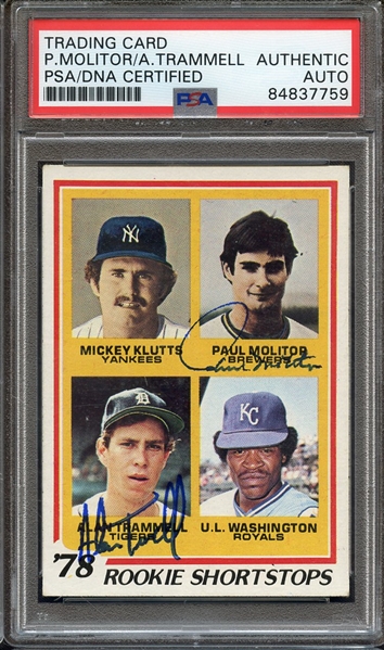 1978 TOPPS 707 SIGNED PAUL MOLITOR ALAN TRAMMELL PSA/DNA AUTO AUTHENTIC