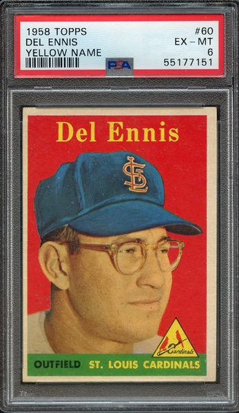 1958 TOPPS 60 DEL ENNIS YELLOW NAME PSA EX-MT 6