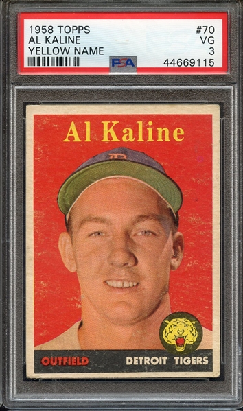 1958 TOPPS 70 AL KALINE YELLOW NAME PSA VG 3