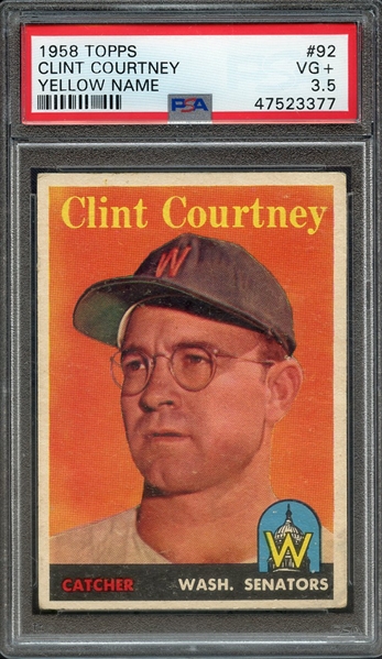 1958 TOPPS 92 CLINT COURTNEY YELLOW NAME PSA VG+ 3.5