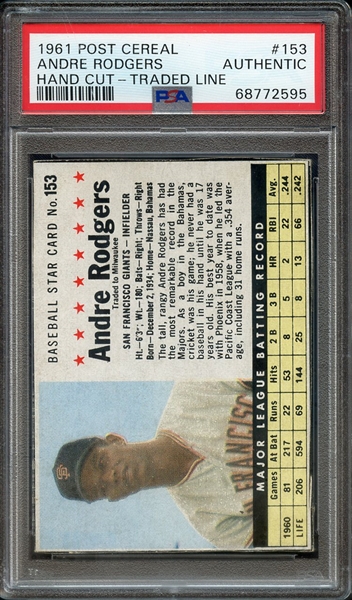 1961 POST CEREAL 153 ANDRE RODGERS HAND CUT-TRADED LINE PSA AUTHENTIC