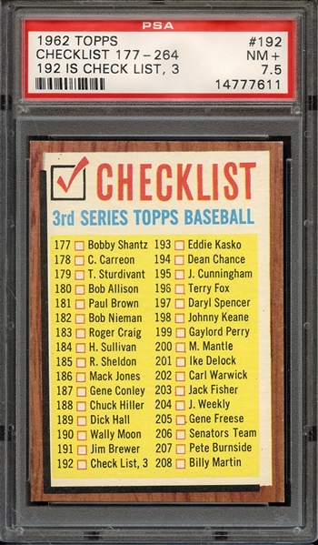 1962 TOPPS 192 CHECKLIST 177-264 192 CHECKLIST, 3-GRN.TNT. PSA NM+ 7.5