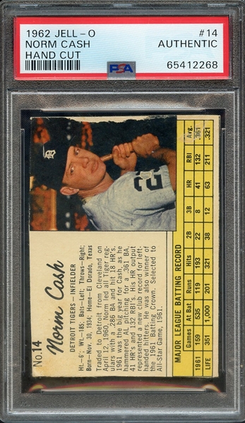 1962 JELL-O 14 NORM CASH HAND CUT PSA AUTHENTIC