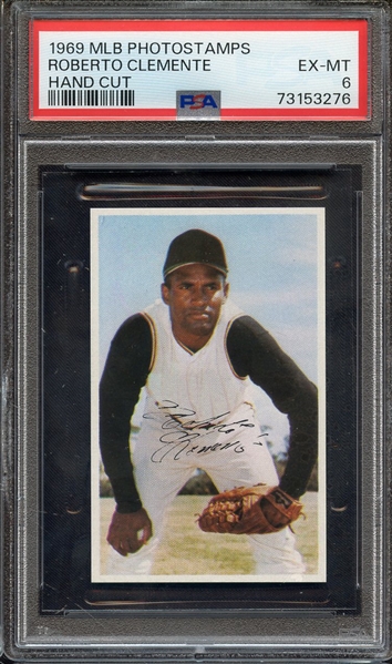 1969 MLB PHOTOSTAMPS ROBERTO CLEMENTE HAND CUT PSA EX-MT 6