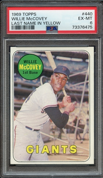 1969 TOPPS 440 WILLIE McCOVEY LAST NAME IN YELLOW PSA EX-MT 6