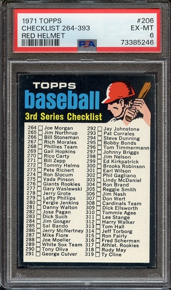 1971 TOPPS 206 CHECKLIST 264-393 RED HELMET PSA EX-MT 6