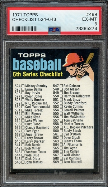 1971 TOPPS 499 CHECKLIST 524-643 PSA EX-MT 6