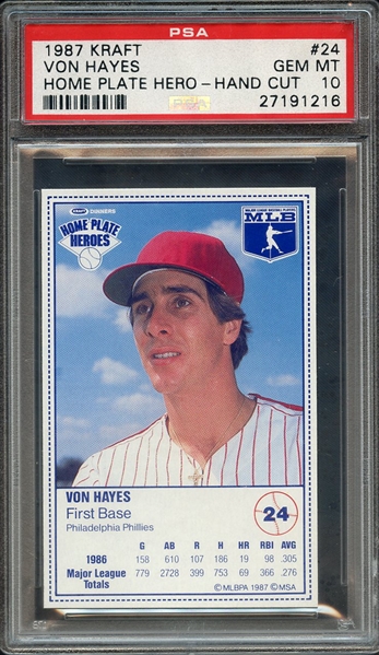 1987 KRAFT HOME PLATE HEROES-HAND CUT 24 VON HAYES HOME PLATE HERO-HAND CUT PSA GEM MT 10