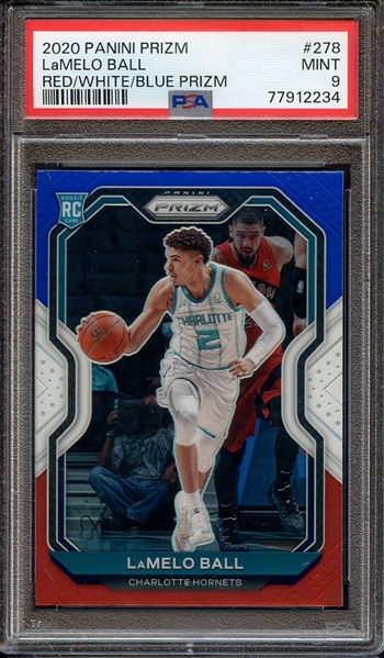 2020 PANINI PRIZM 278 LaMELO BALL RED/WHITE/BLUE PRIZM PSA MINT 9