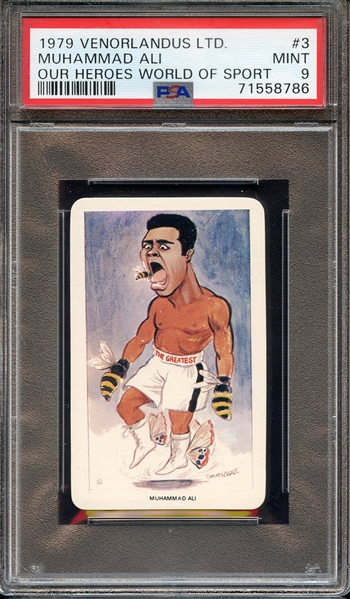 1979 VENORLANDUS LTD. OUR HEROES WORLD OF SPORT 3 MUHAMMAD ALI OUR HEROES WORLD OF SPORT PSA MINT 9