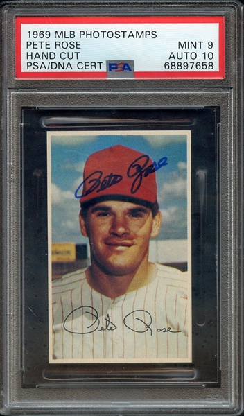 1969 MLB PHOTOSTAMPS SIGNED PETE ROSE PSA MINT 9 PSA/DNA AUTO 10